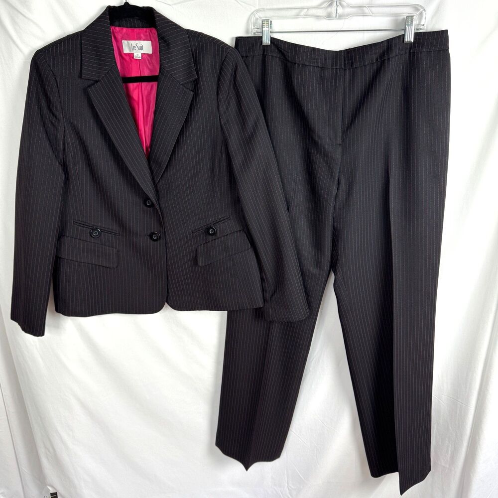 Le Suit Women's 2 Piece Pants Suit Size 12 Black/Pink Pinstripe Pantsuit